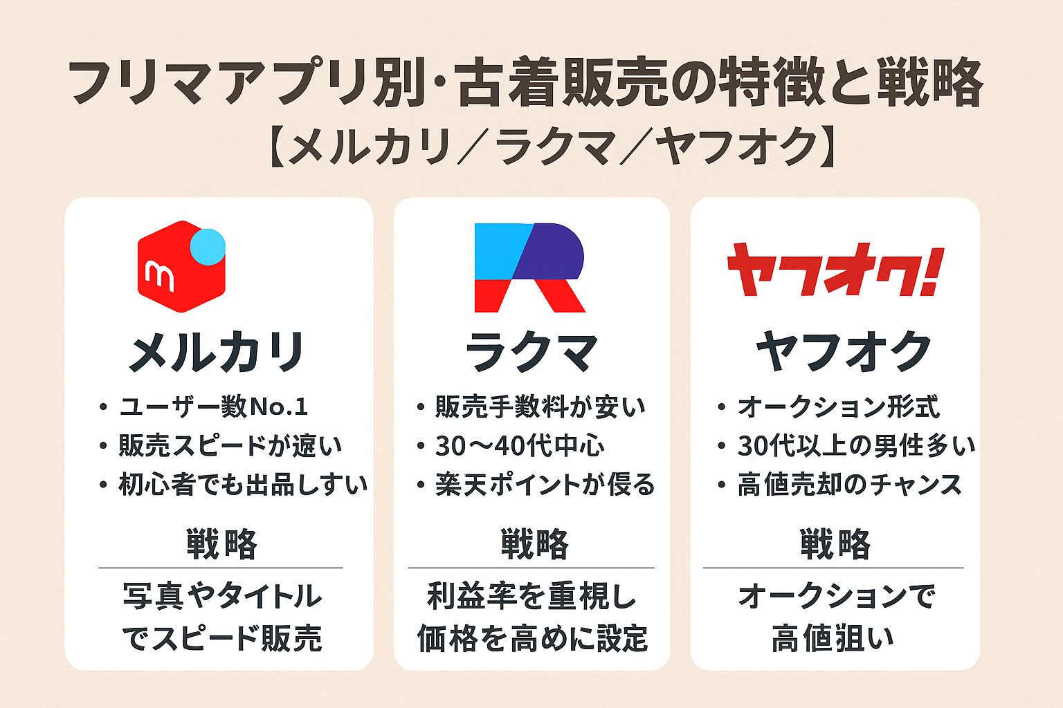 フリマアプリ別・古着販売の特徴と戦略【メルカリ／ラクマ／ヤフオク】｜【おすすめ】リスクなしで稼げる副業はALLS-COMPANY